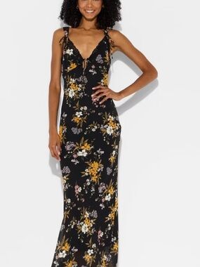 wild fable Black Floral Lace-Trim Maxi Dress with Yellow & Pink Blooms